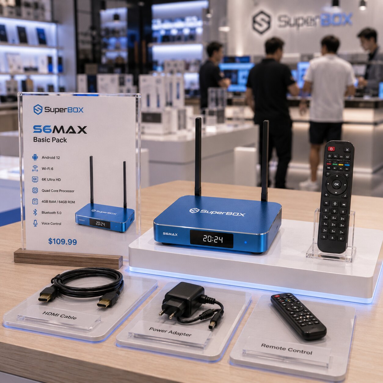 Images of the SuperBox S6 Max are displayed at the SuperBox TV Box Store showroom 3