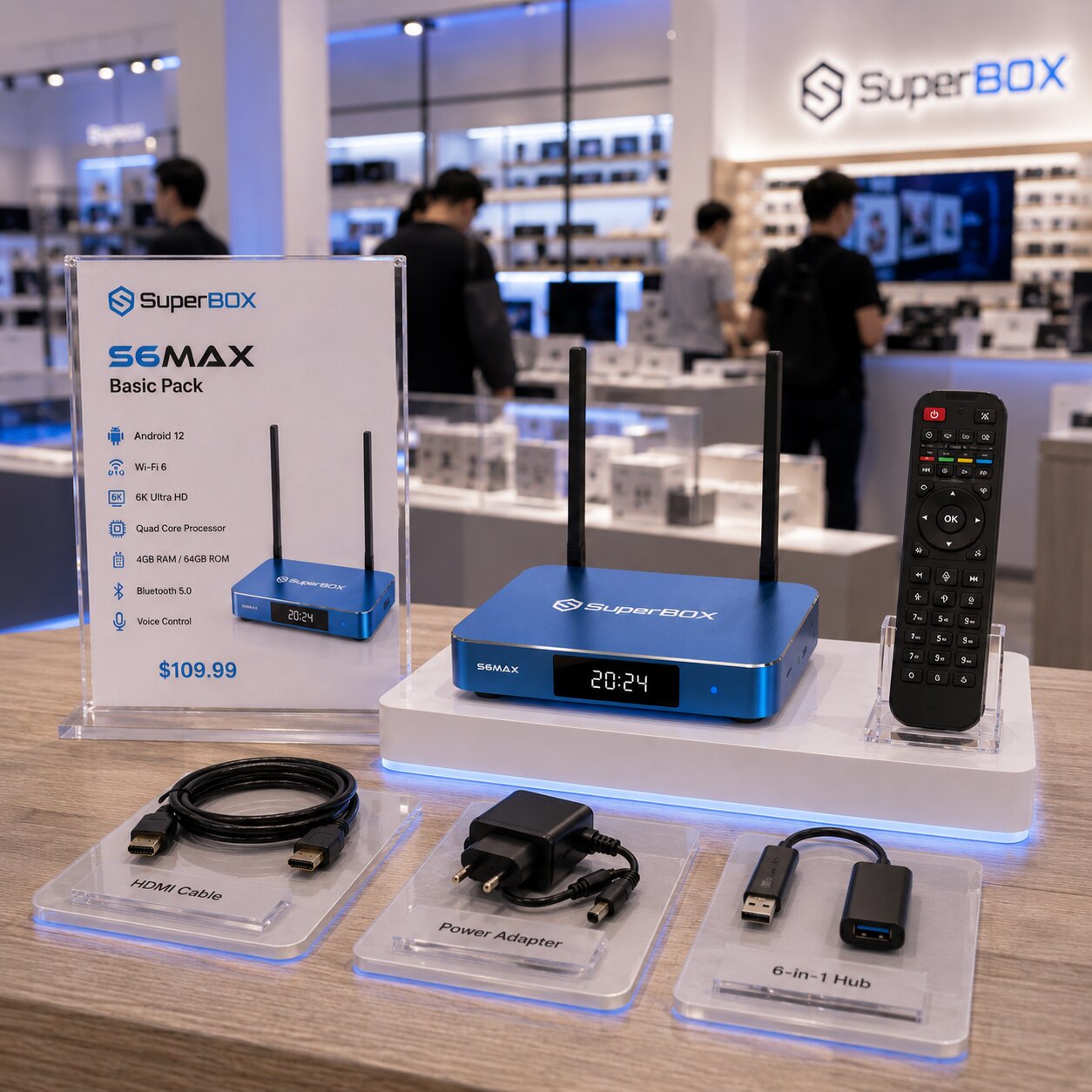 Images of the SuperBox S6 Max are displayed at the SuperBox TV Box Store showroom