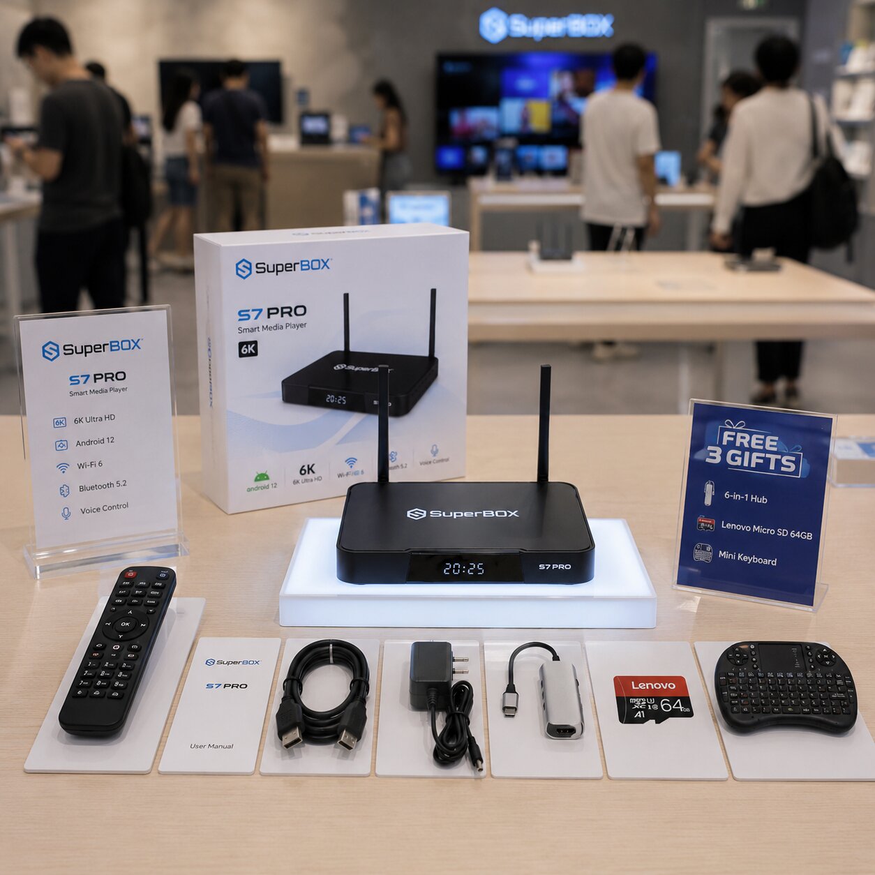 Images of the SuperBox S7 Pro are displayed at the SuperBox TV Box Store showroom