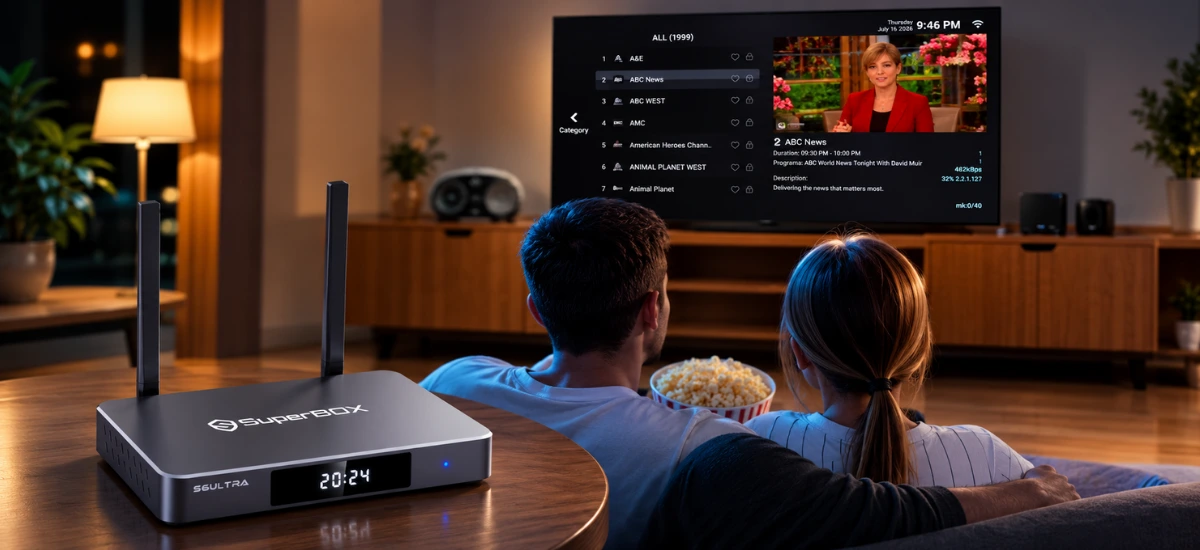 SuperBox S6 Ultra Blue TV streaming app with live channels and sports