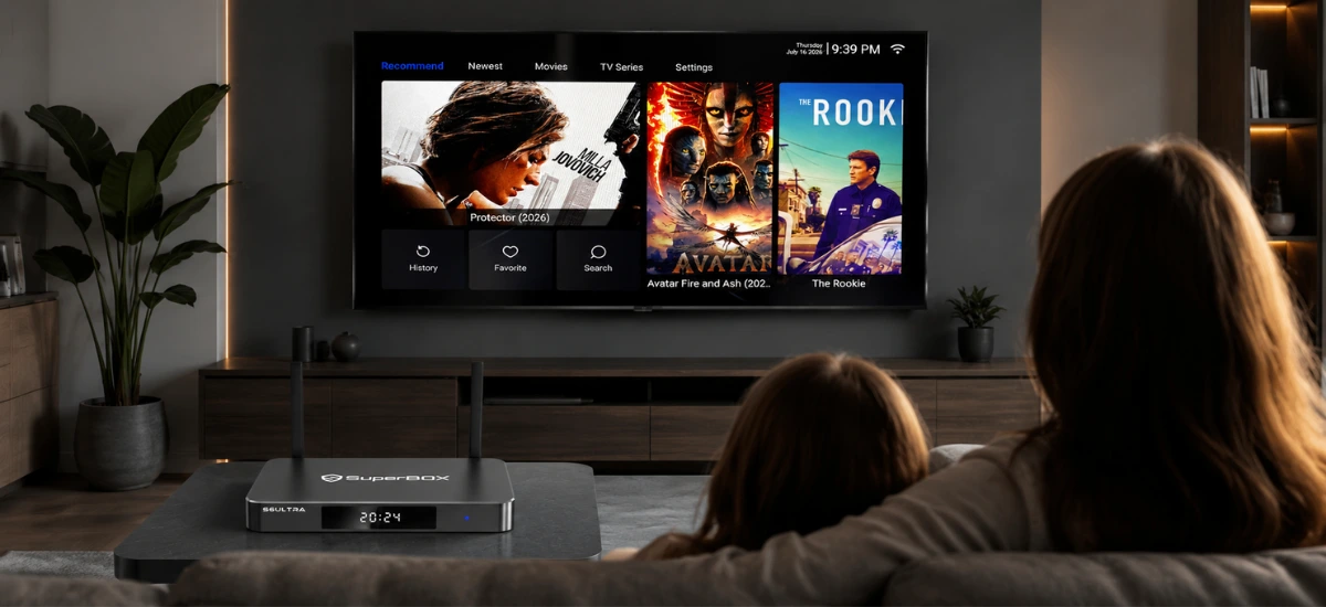 SuperBox S6 Ultra Blue VOD platform with thousands of movies and TV series