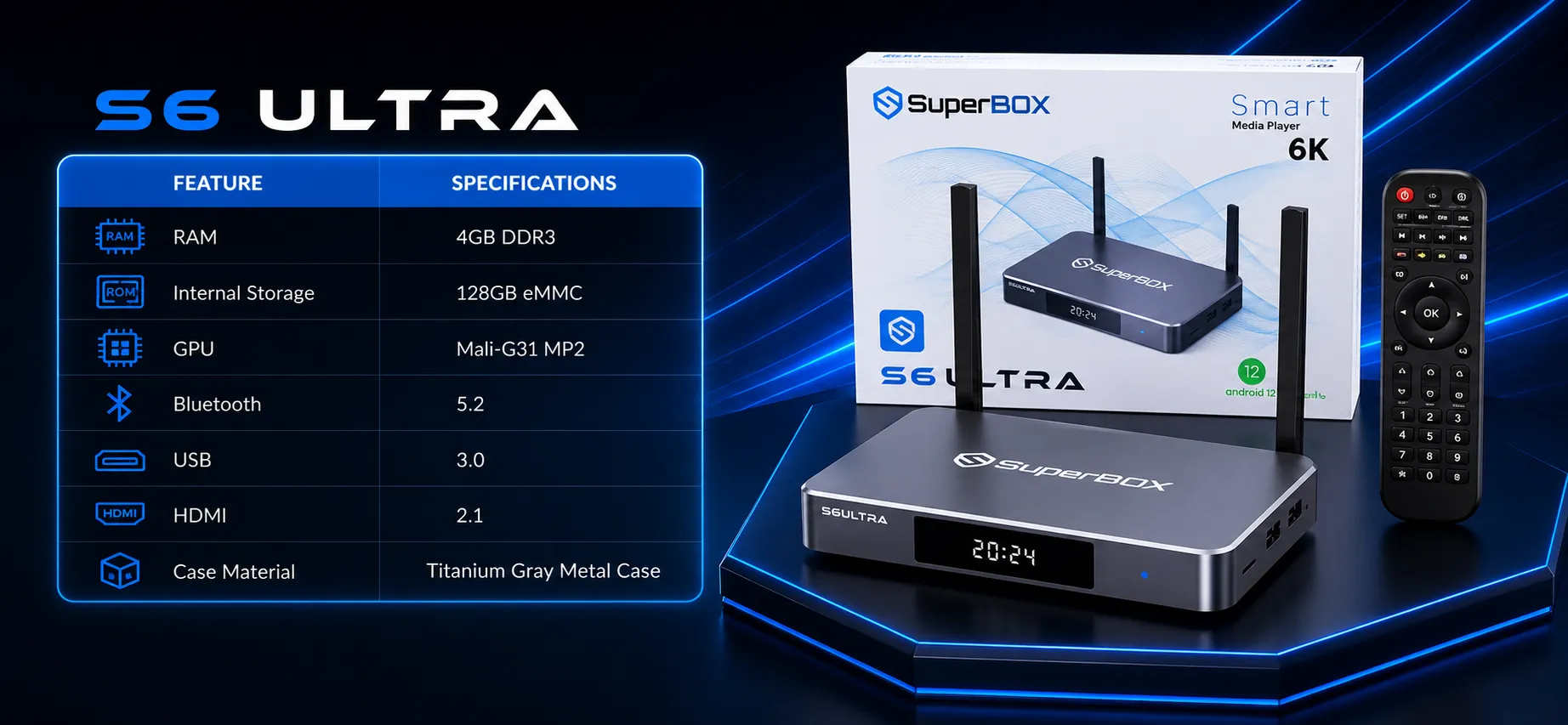 SuperBox S6 Ultra hardware specifications featuring Android 12 WiFi 6 and HDMI 2.1