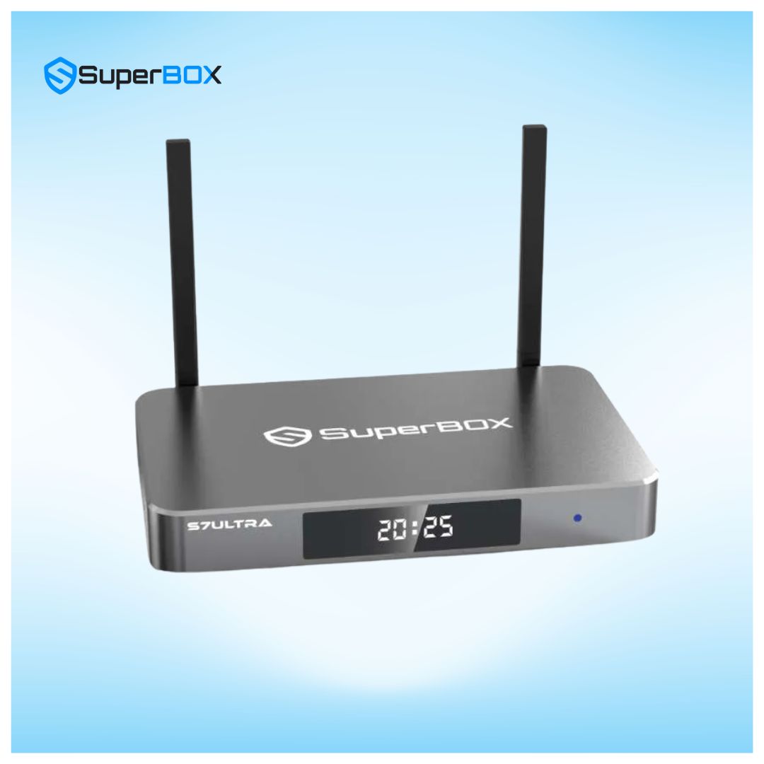 SuperBox S7 Ultra Android TV box angled front view with 6K streaming support