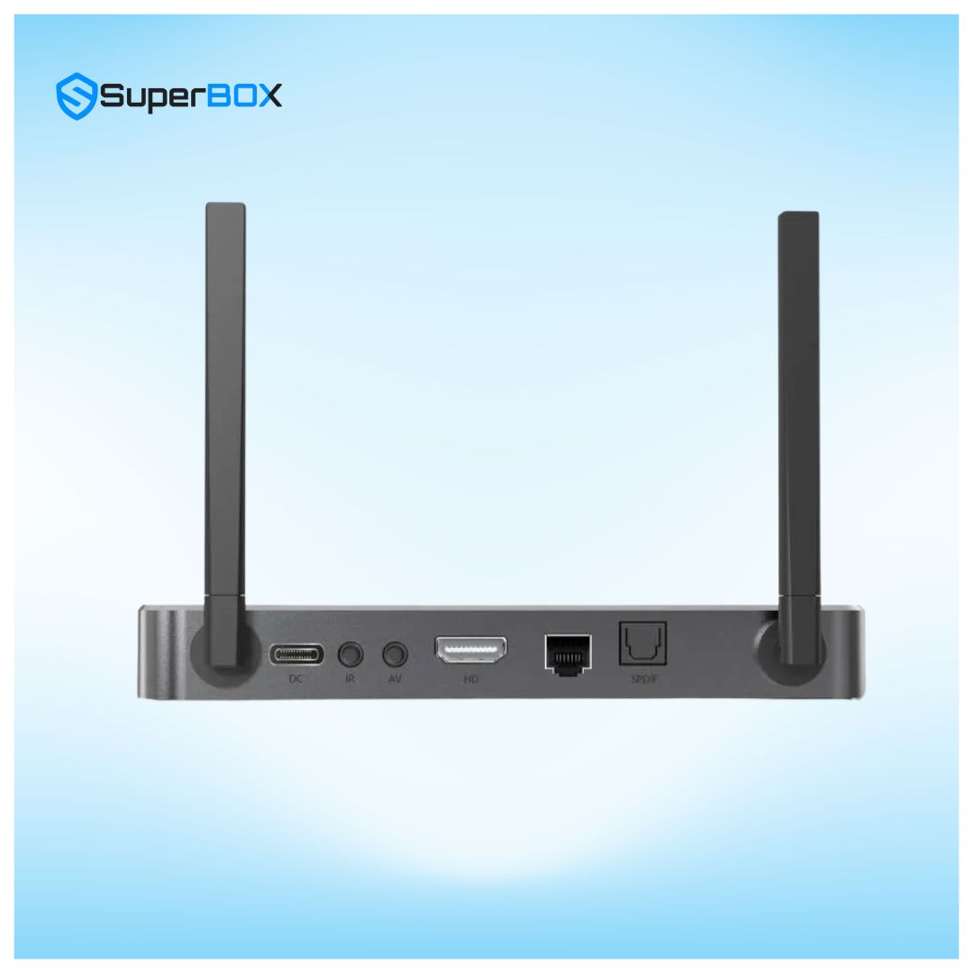 SuperBox S7 Ultra back panel showing network HDMI USB and power connections