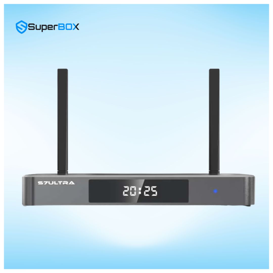 SuperBox S7 Ultra front panel design with LED clock display and premium finish