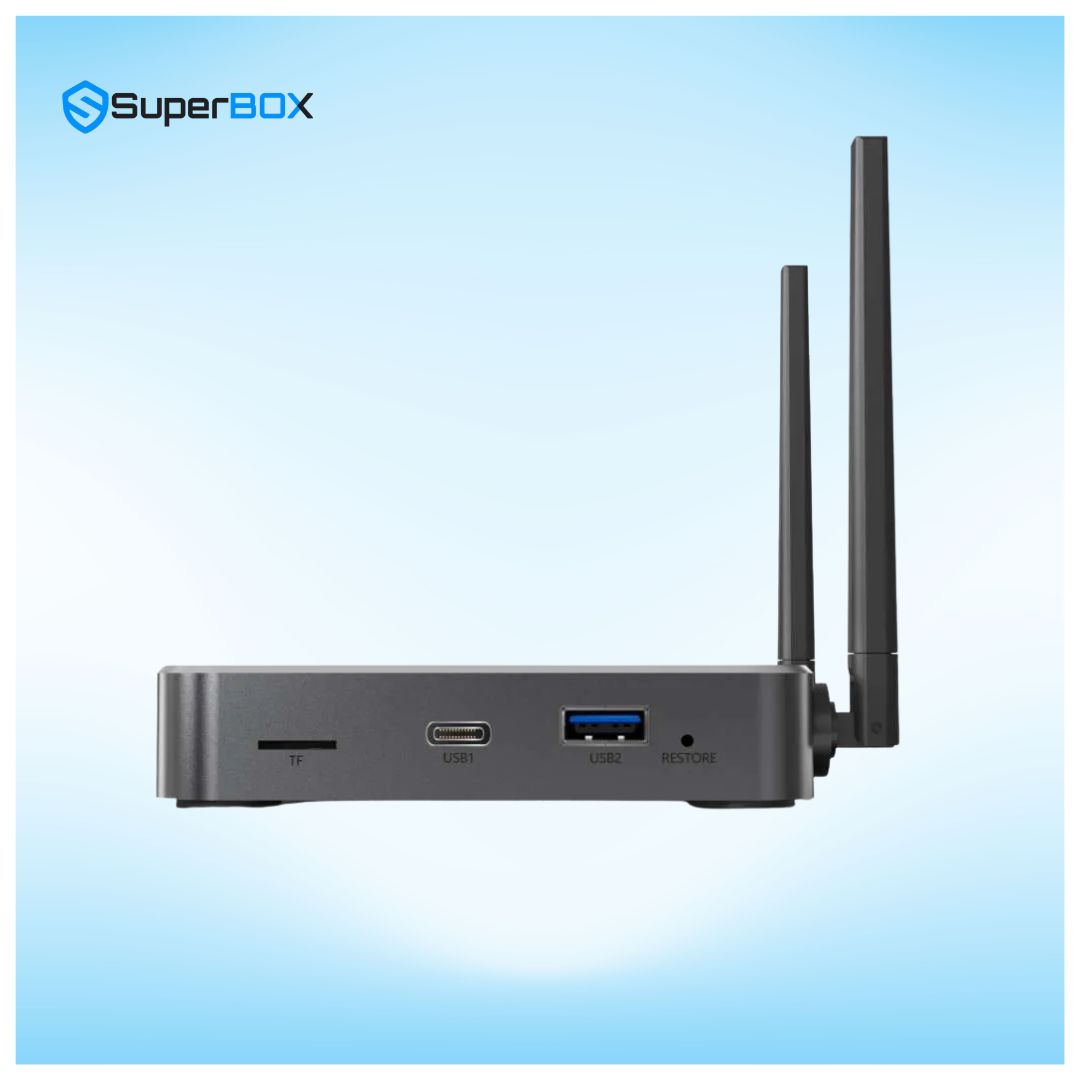 SuperBox S7 Ultra left side ports with USB connection and dual antenna setup
