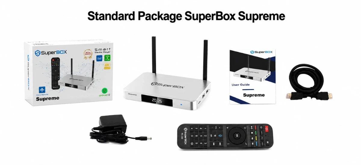 SuperBox Supreme 31 SuperBox Supreme retail package including TV box remote power adapter and HDMI cable