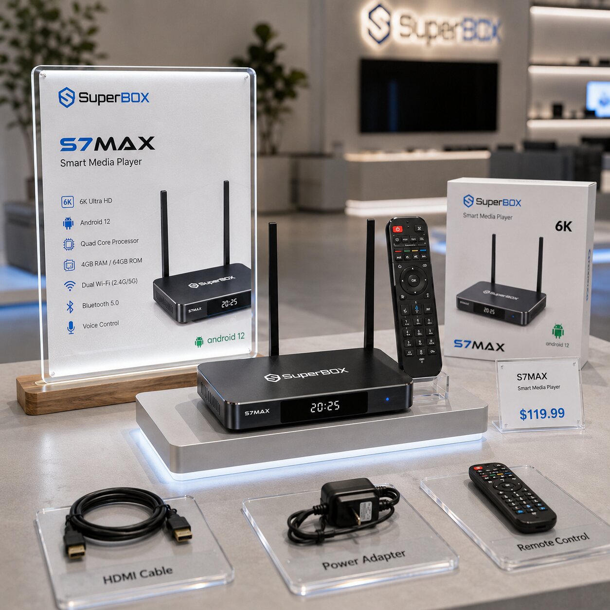 The SuperBox S7 Max package is available when purchased at the SuperBox TV Box Store