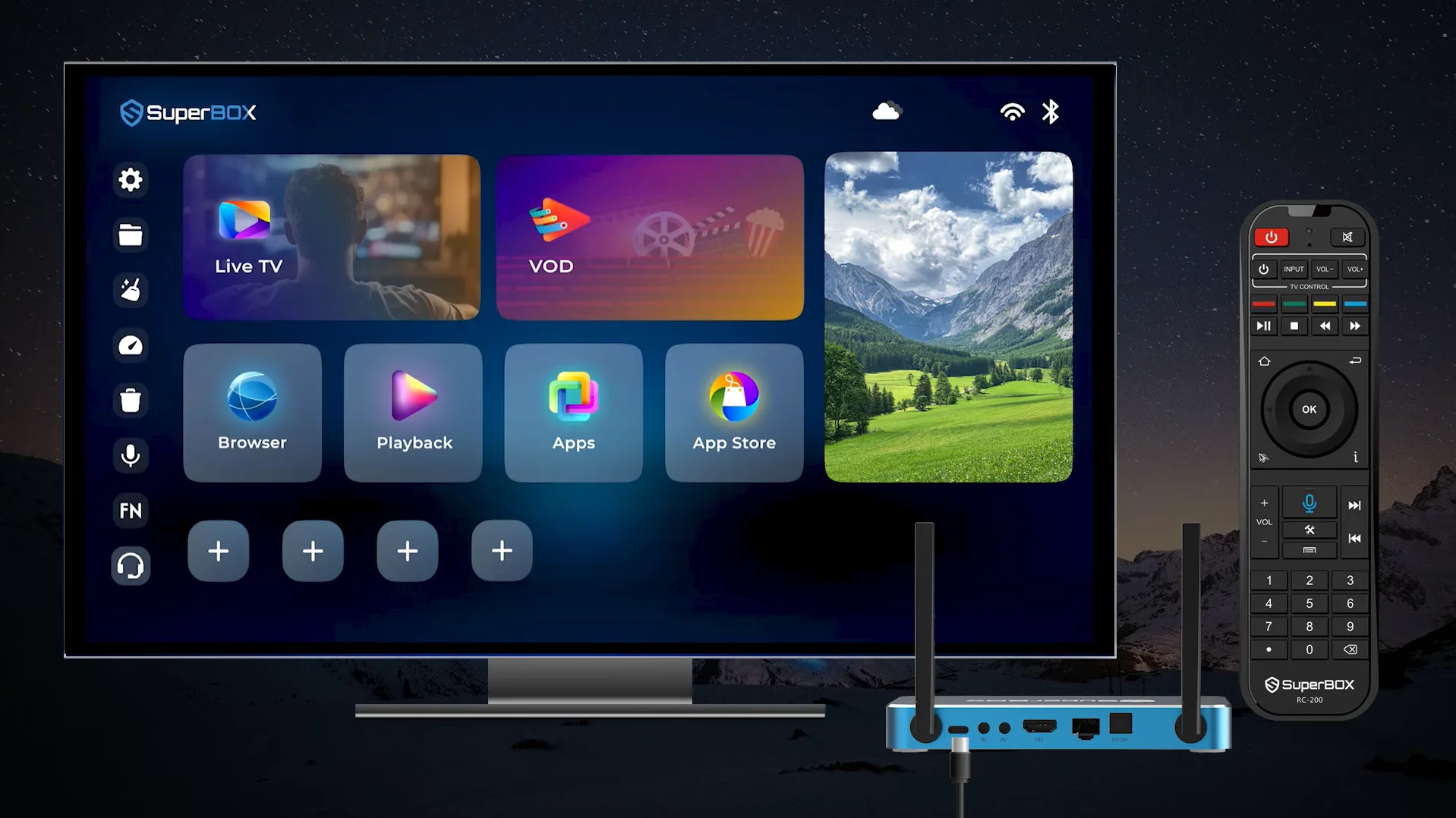 SuperBox S8 AI Voice Command Interface - Home Screen and Bluetooth Voice Remote
