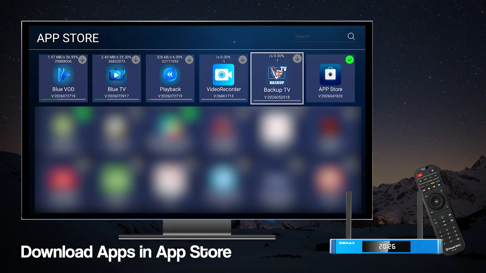 SuperBox S8 App Store Interface for Downloading Blue TV and Blue VOD Streaming Apps