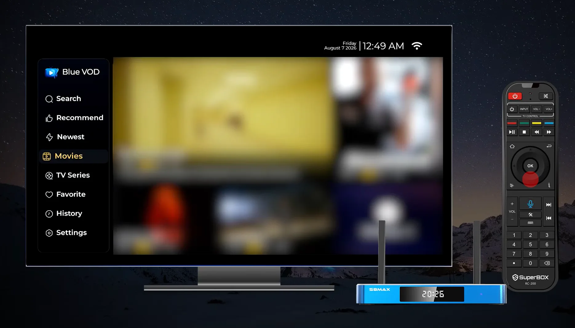 SuperBox S8 Blue VOD Interface - Movies, TV Series, Favorites, and Search Navigation