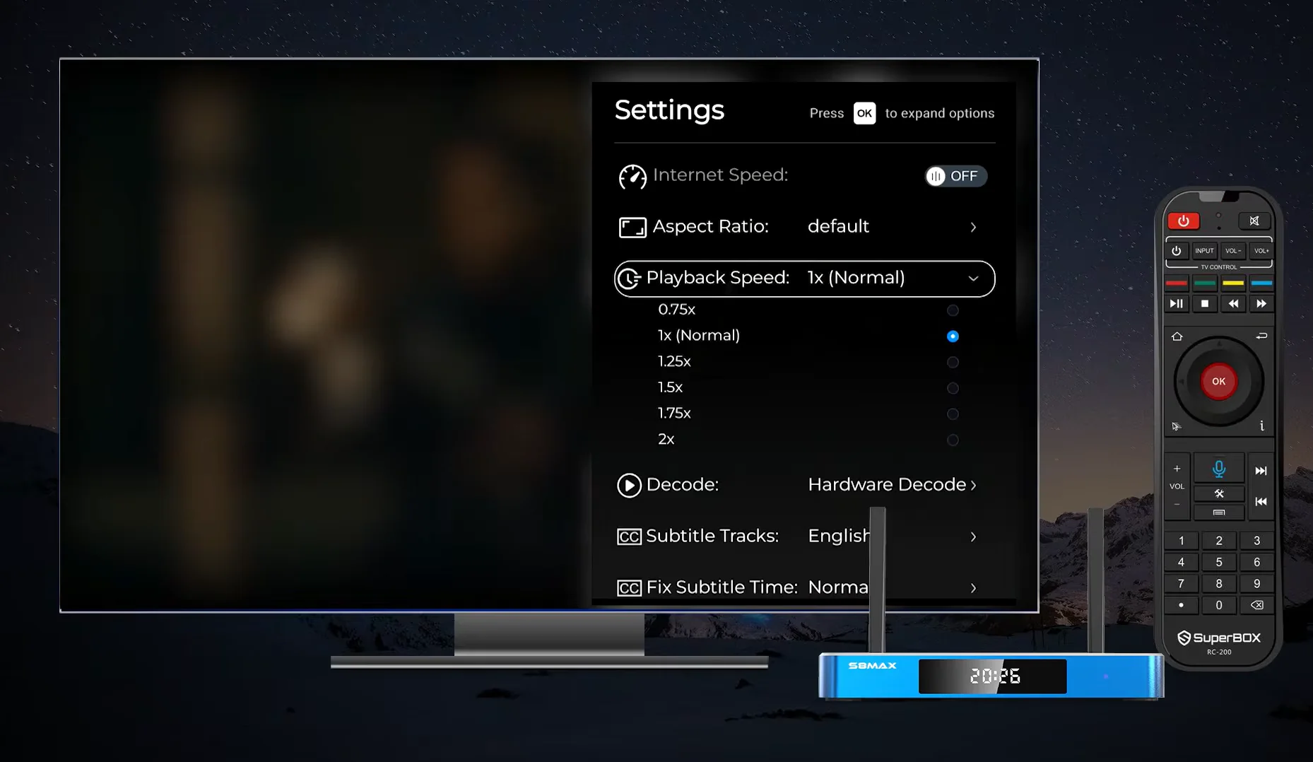 SuperBox S8 Blue VOD Video Player Settings - Playback Speed, Hardware Decode, and Subtitles
