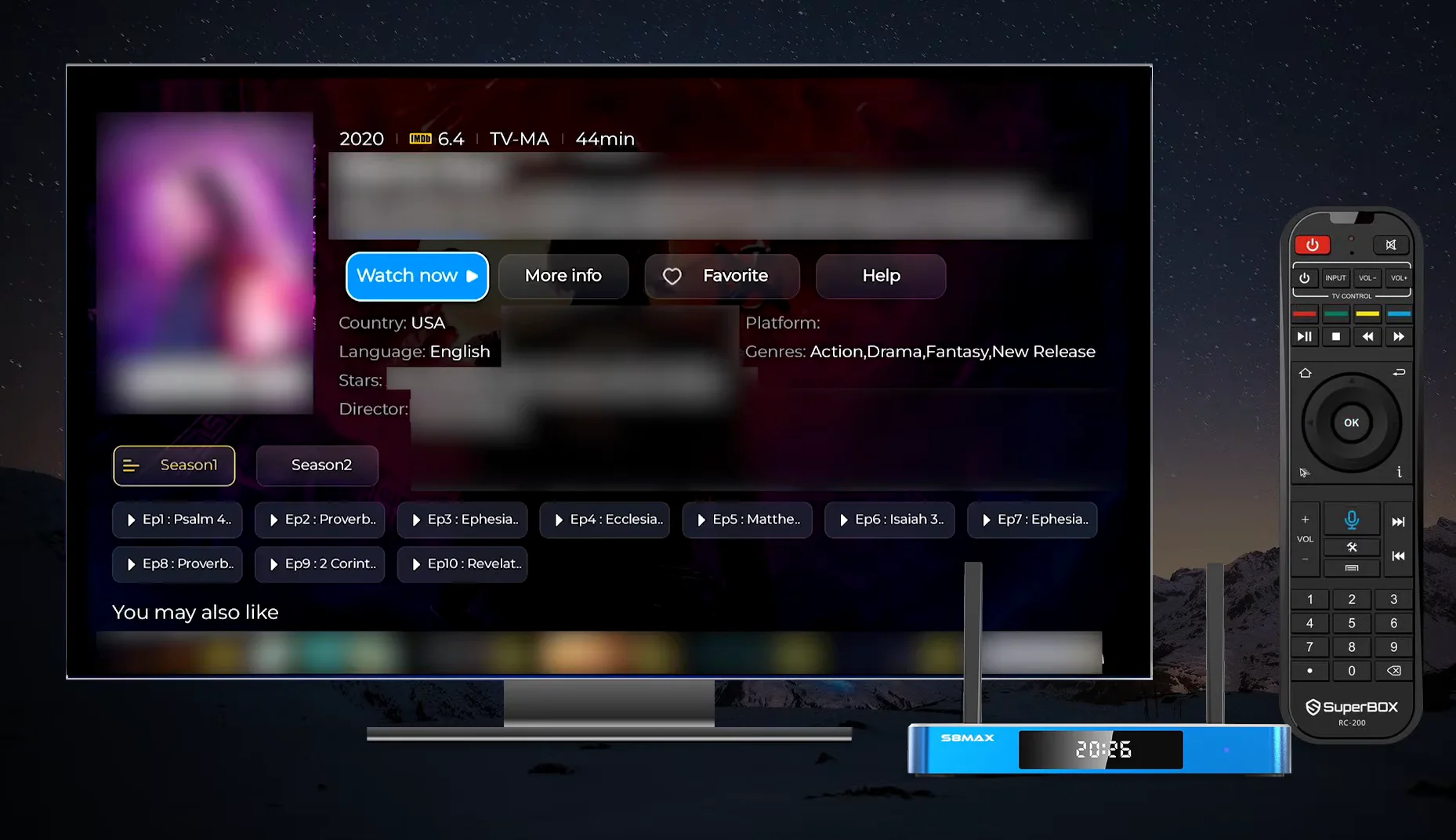 SuperBox S8 Blue VOD TV Series Interface - Season Selection, Episode Guide, and Watch Now