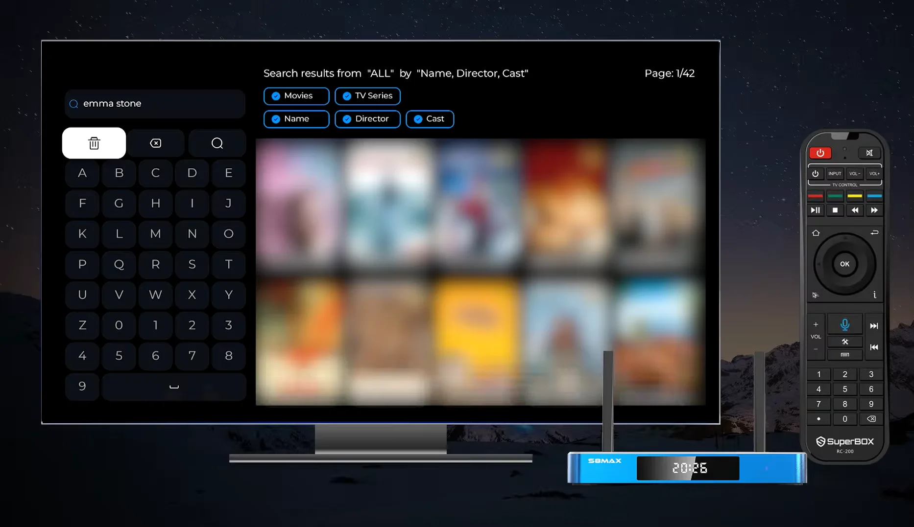 SuperBox S8 Blue VOD Voice Search Interface - Filter by Movie Title, Director, and Cast