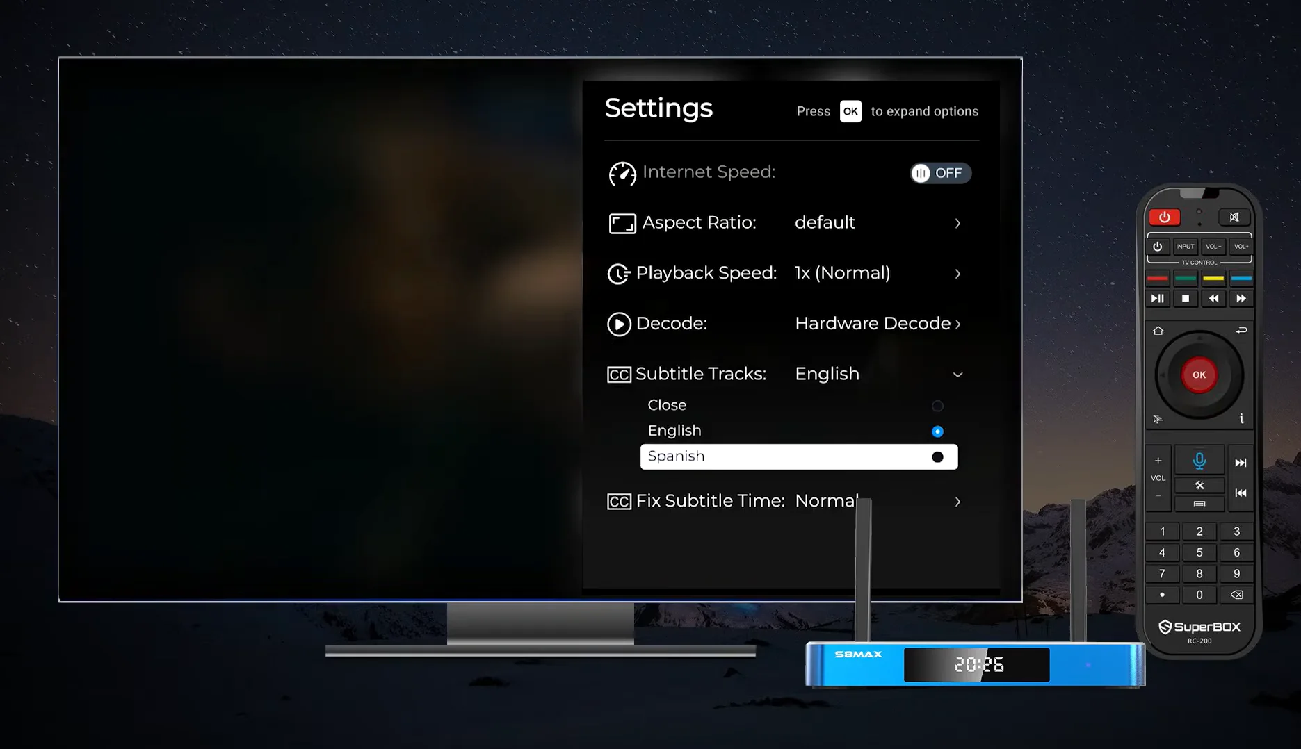 SuperBox S8 Media Player Audio and Subtitle Settings Controlled via Voice Remote
