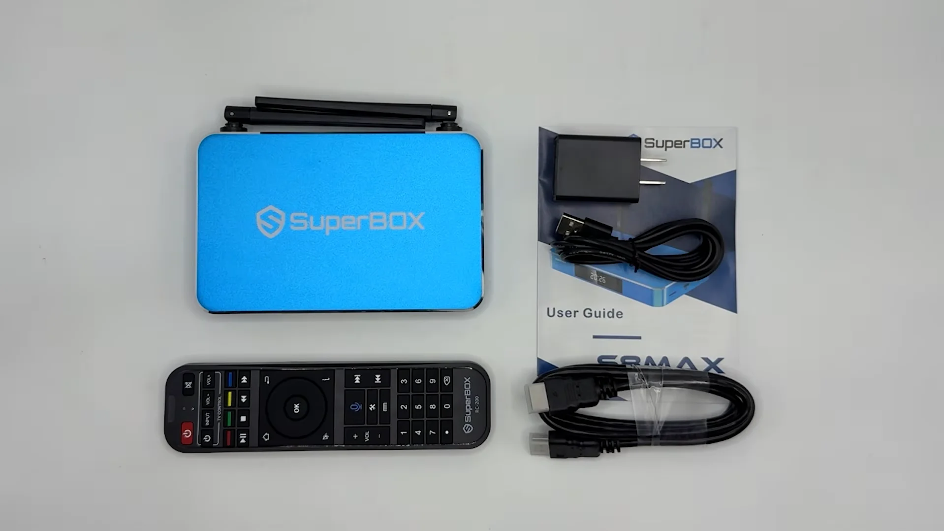 SuperBox S8 vs S6 Is Upgrading to the New Generation Worth It? 19 SuperBox S8 Package Components - Metal Console, Dual External Antennas, and Voice Remote